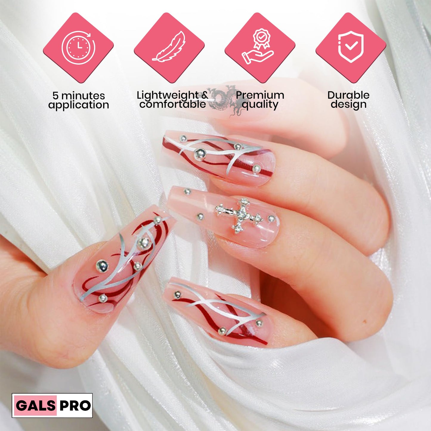 GALSPRO Long Press on Nails - Set of 24 Fake Nails with Designs in 12 Different Sizes for Perfect Fit, Cute False Nails Kit for Women with 0.07oz Nail Glue, A Double Sided Nail File & Cuticle Stick