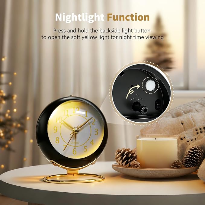 Analog Alarm Clock, Retro Small Desk Clock with Night Light, Backlight Cute Simple Design, Silent Non-Ticking, Battery Powered, for Bedroom,Travel,Kitchen,Bedside Desktop Decor
