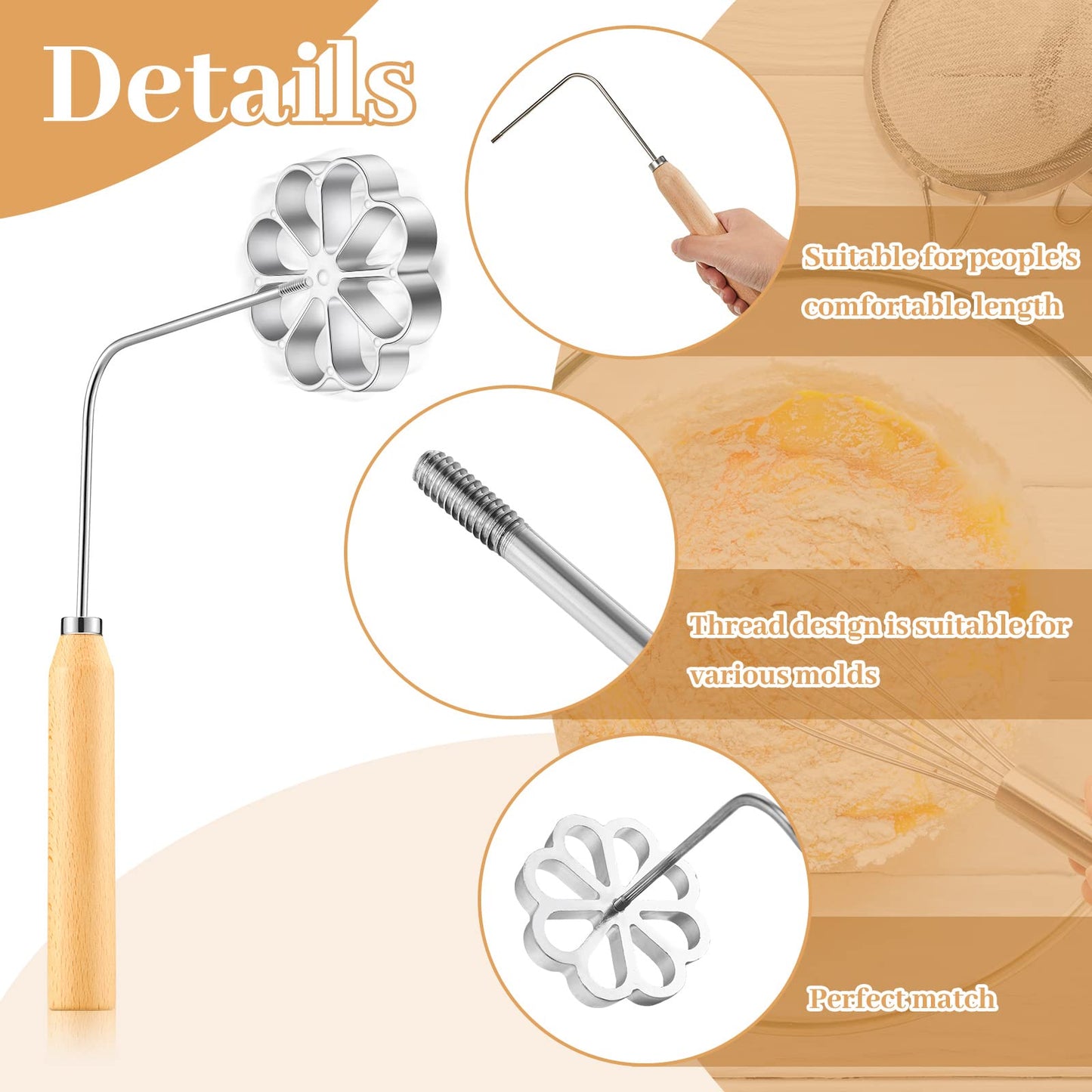 Achappam Mold Bunuelos Mold with Handle Rosette Maker Rosette Cookie Bunuelos Tool Aluminium Cast Waffle Molds Set with 3 Interchangeable Heads Star Flower Circle for Kitchen Baking Cooking Housewares