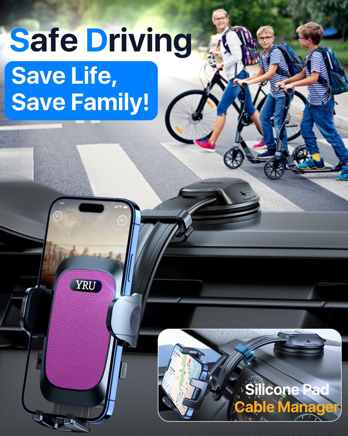 YRU [2025 Ultimate Car Phone Holder Mount [Bendable & Adjustable Aluminum Arm] Cell Phone Holder for Car Dashboard Windshield Phone Stand for iPhone 16 15 14 13 Pro Max Samsung Pickup Truck, Rose Red