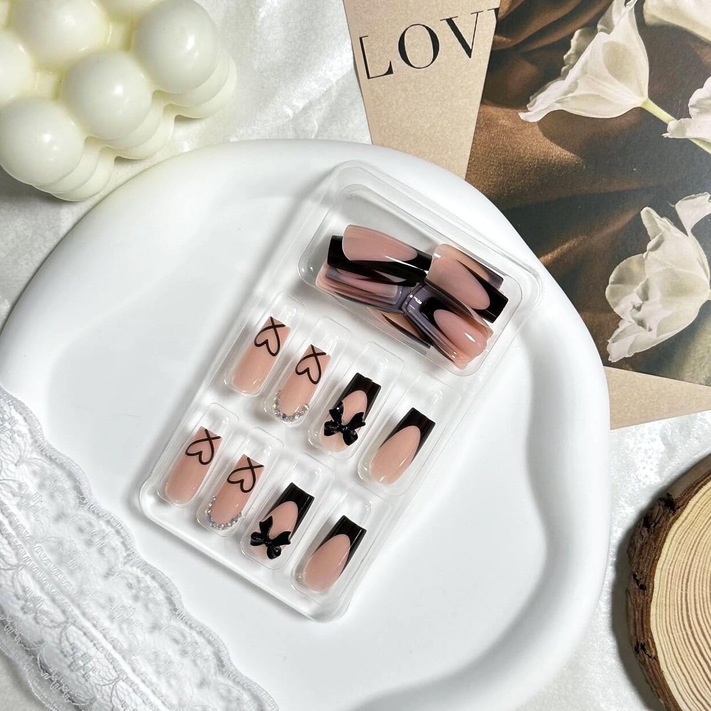 MISUD Press on Nails - Long Square Glue on Nails with Black French Tip, Acrylic Heart Bow Design 24 pcs