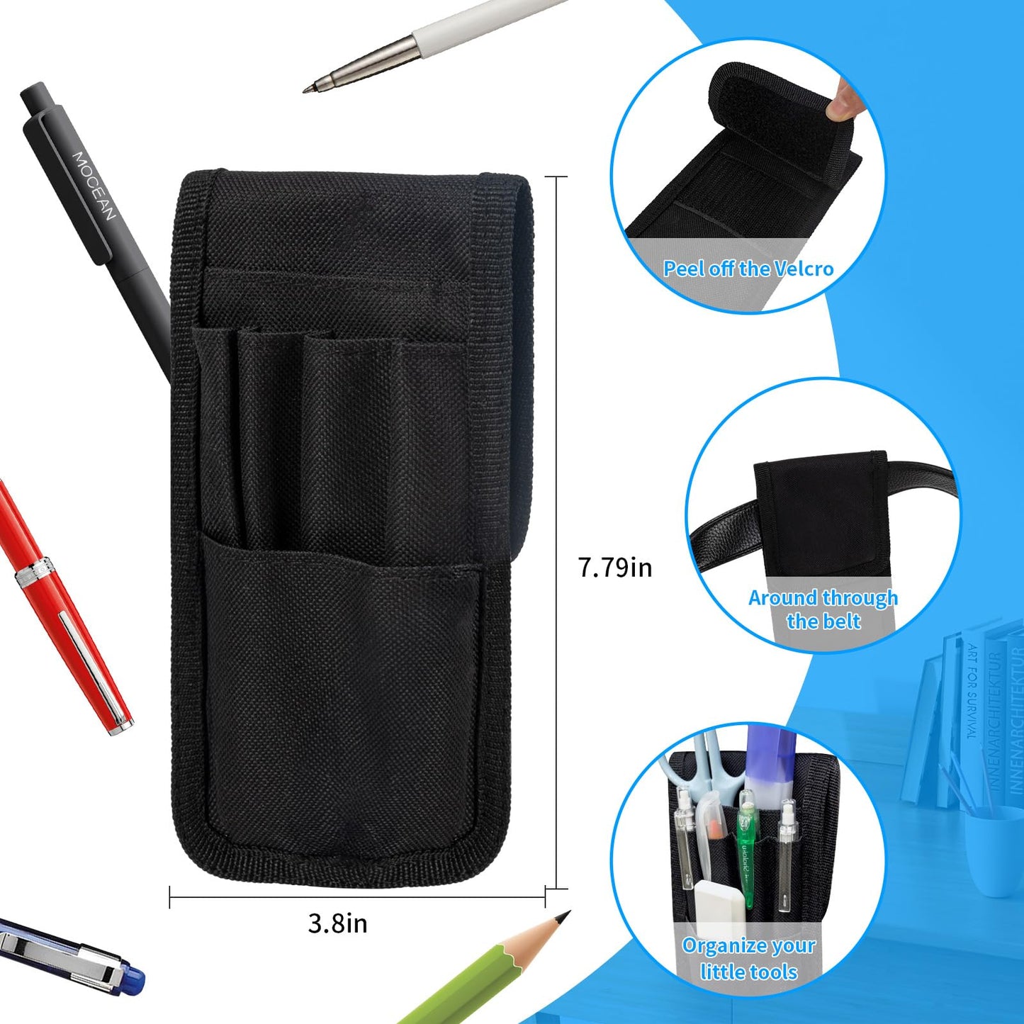 Belt Pen Holder, Tactical Pencil Cases Nylon Detachable Pen Pouch Pocket Organizer, Multifunctional Pocket Protectors Hold Pens, Rulers and Scissors