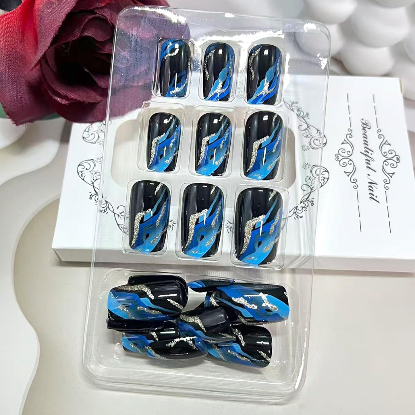 Vopintpy Blue Marble Press on Nails Medium Square Fake Nails with Design Glossy Acrylic Glue on Nail Reusable Full Cover Artificial Stick on Nail for Women DIY Manicure