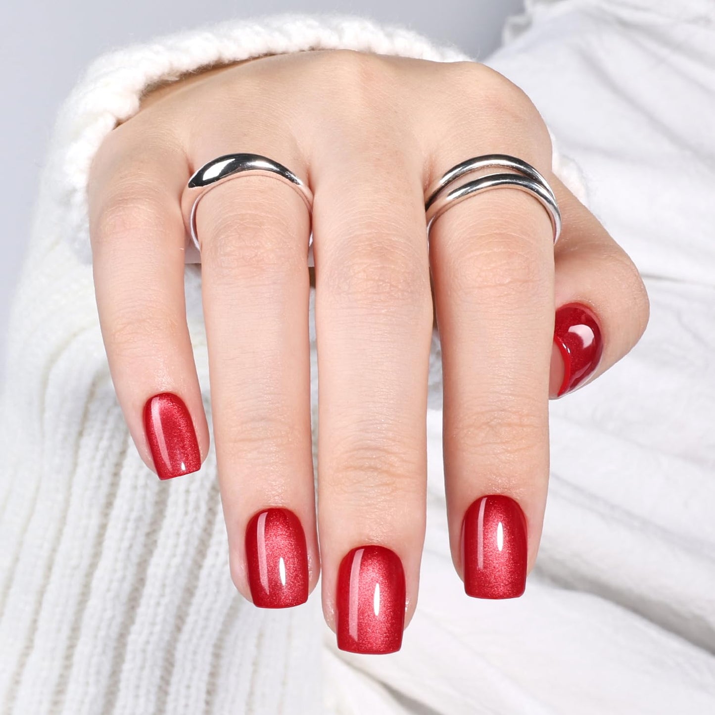 Leefrei Red Cat Eye Press On Nails - Short Square Press on Nails Crimson Nails Press Ons for Women Glossy Fake Nails Kit with Glue, DIY Glue on Nails Short in 15 Sizes - 30pcs, Velvet Red