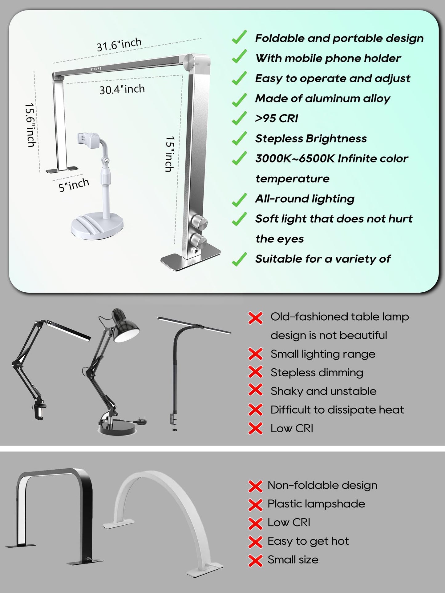 Upgraded Nail Tech Lamp for Desk, 32 in Foldable Large Nail Light with Phone Holder, 3000K-6000K CRI＞95 LED Manicure Lamp, Half Moon Light for Lash Eyelash Extension, Tattoo, Eyebrows-Diamond Silver