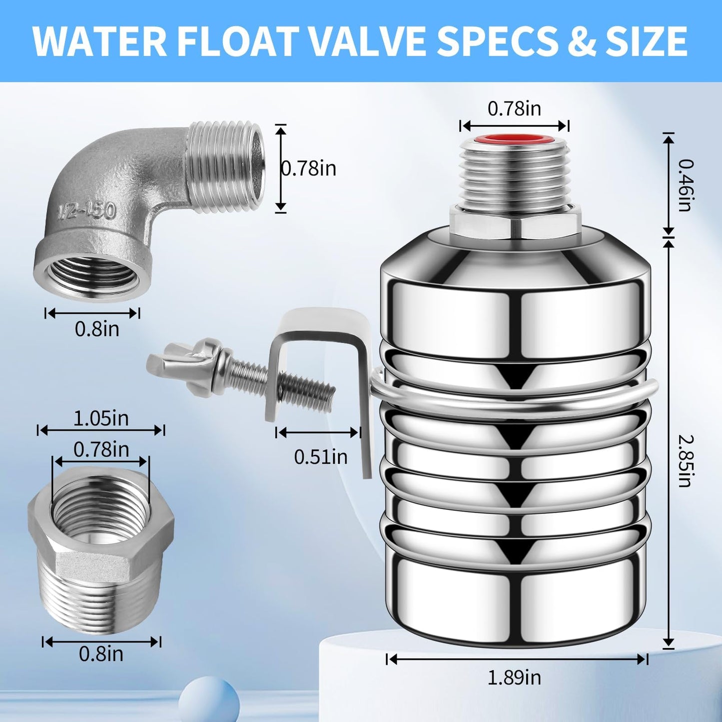 2Pcs Water Float Valve for Water Tank, Aquapulse Automatic Water-Level Control System, 1/2" to 3/4" Stainless Steel Water Shut Off Float Valve for Water Tower, Pool, Livestock Troughs