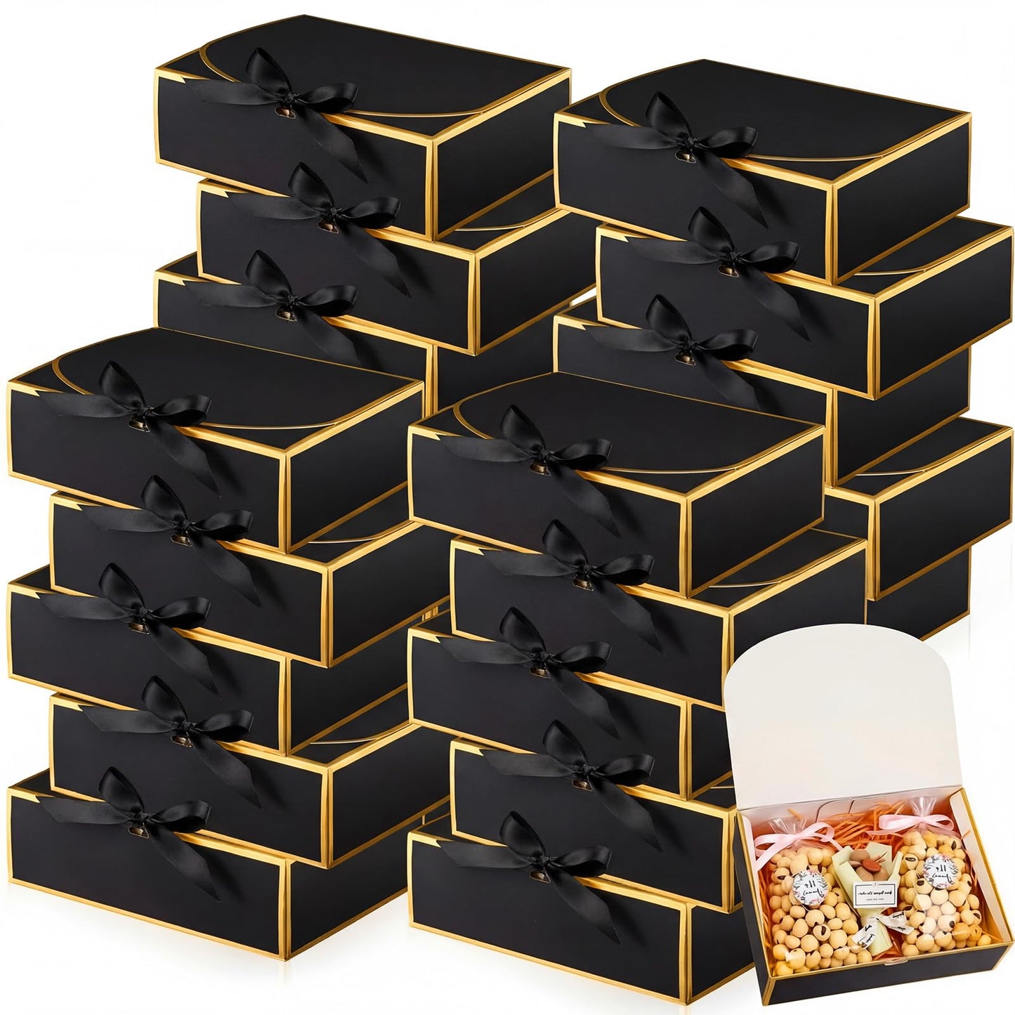 Jaloro 20 Pack Black Gift Boxes with Lids Bulk 10.6x7.8x3.1inch Black Gift Boxes with Gold Ribbons Bridesmaid Proposal Box for Presents, Wedding, Birthday, Valentine's Day, Baby Shower, Anniversary