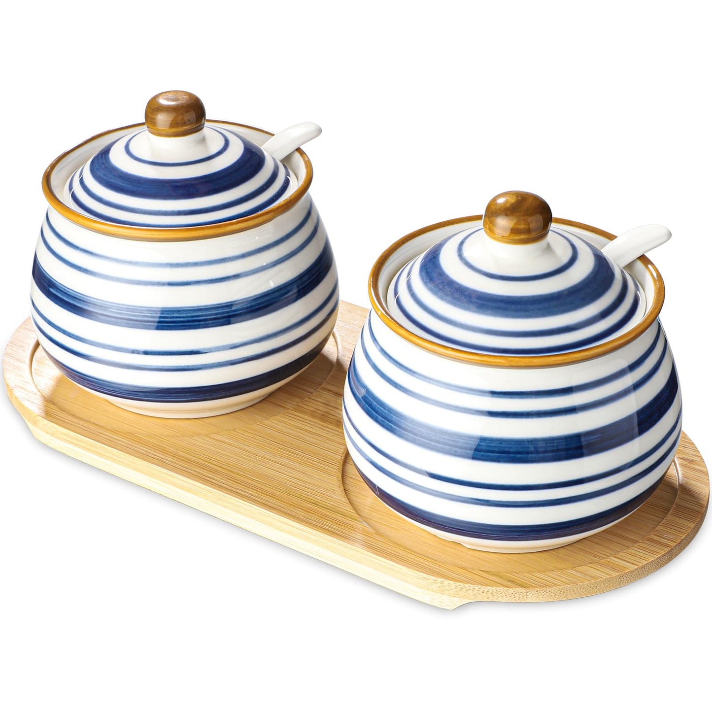 Sailench Sugar Bowl Set of 2,Ceramic Sugar Bowl with Lids and Spoon & Wooden Tray,Sugar Jars for Coffee Bars and Home Kitchens(2, Large)