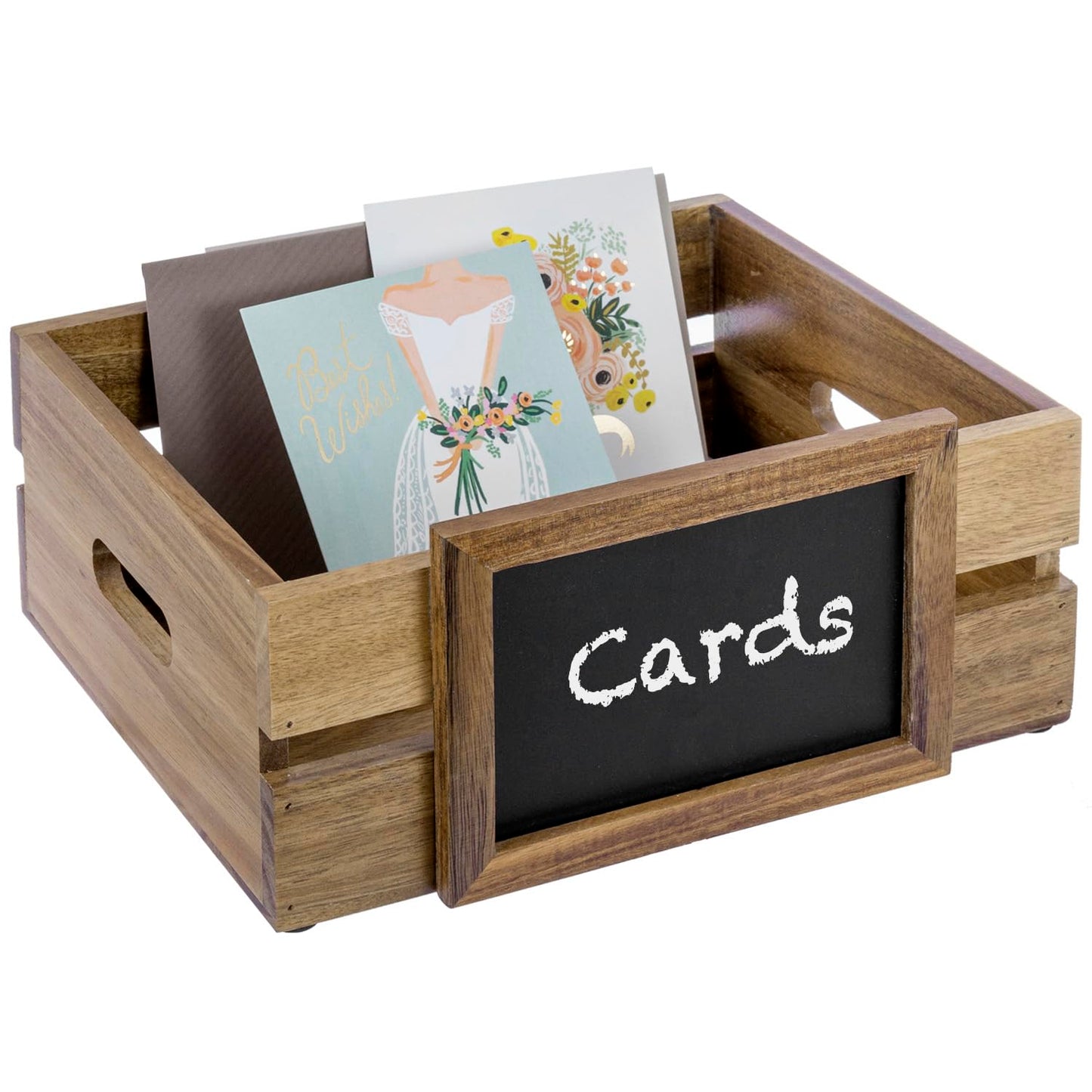 MyGift Premium Acacia Wood Tabletop Decorative Storage Crate, Guest Gift Card Box with Chalkboard Label for Wedding Birthday Graduation Party