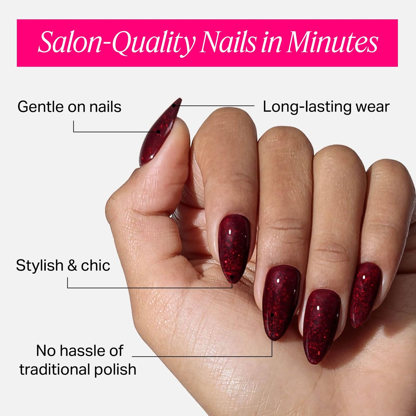 Nailboo Press On Nails, Salon-Quality Reusable Fake Nails for Fast DIY Manicure with Strong Hold Nail Glue for Press Ons, Nail File, & Alcohol Prep Pads, Royal Rose