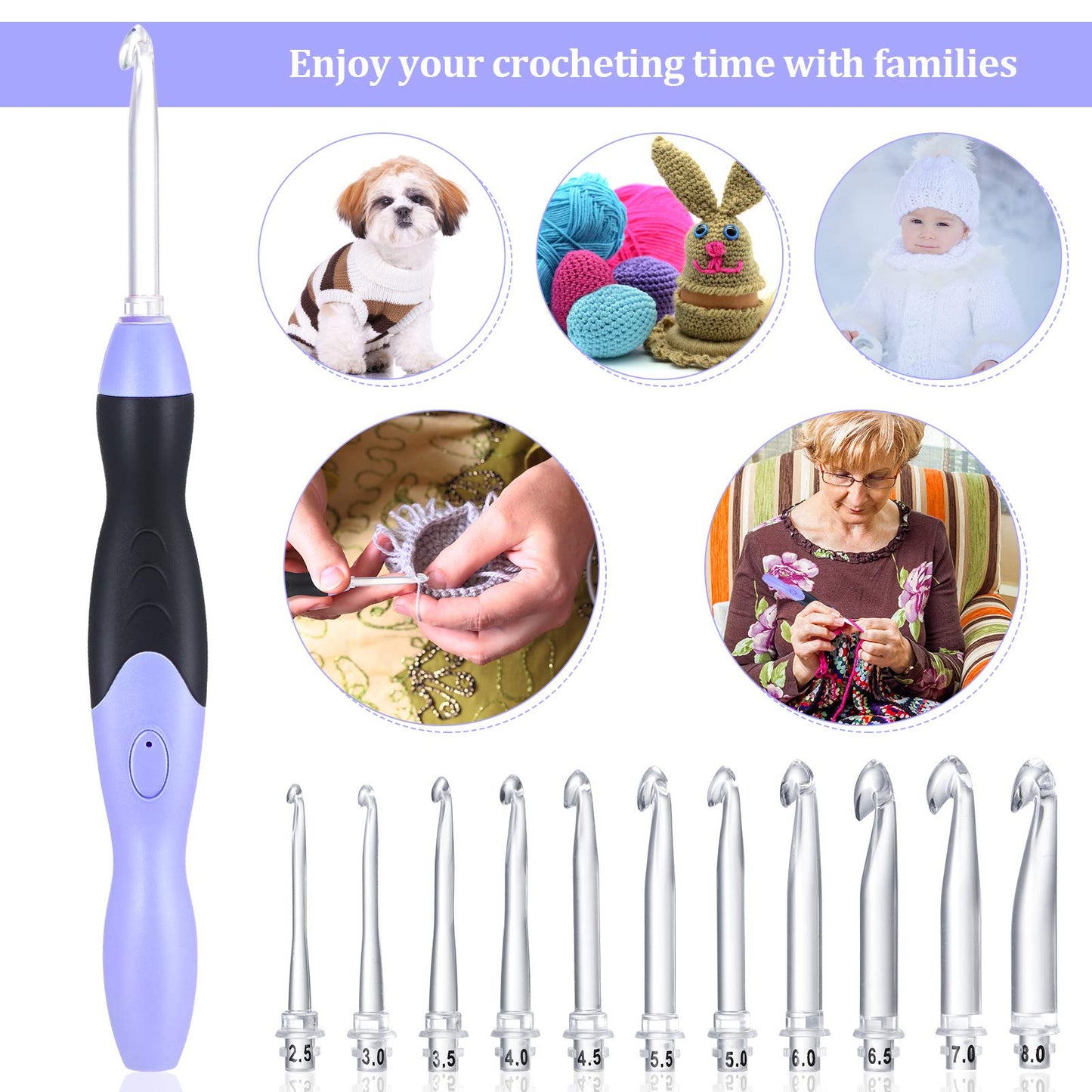 Chuangdi 11 Sizes Lighted Crochet Hooks Set Rechargeable Crochet Hook Light up Hooks with Case, Interchangeable Heads 2.5 mm to 8 mm for DIY Craft Supplies(Purple-Black)
