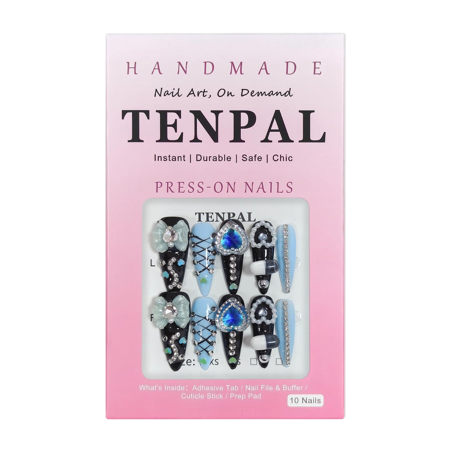 TENPAL 10Pcs Y2K Gothic Press On Nails With Tools,Blue 3D Capsule Pearl Bow & Chain Charms Designs Fake Nails,Long Stiletto Handmade False Nails,Reusable Acrylic Glue on Nails for Party Halloween(S)