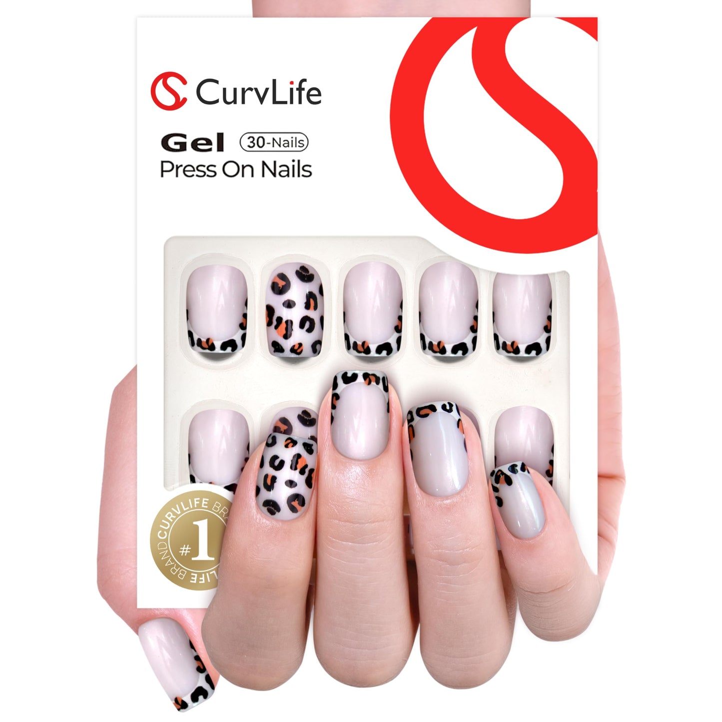 Curvlife 30pcs Press on Nails, Medium Square Acrylic Fake Nail with leopard print French Apricot Design, Full Cover False Nails Tips Glossy Nude Glue on Nails Artificial Stick on Nails for Women