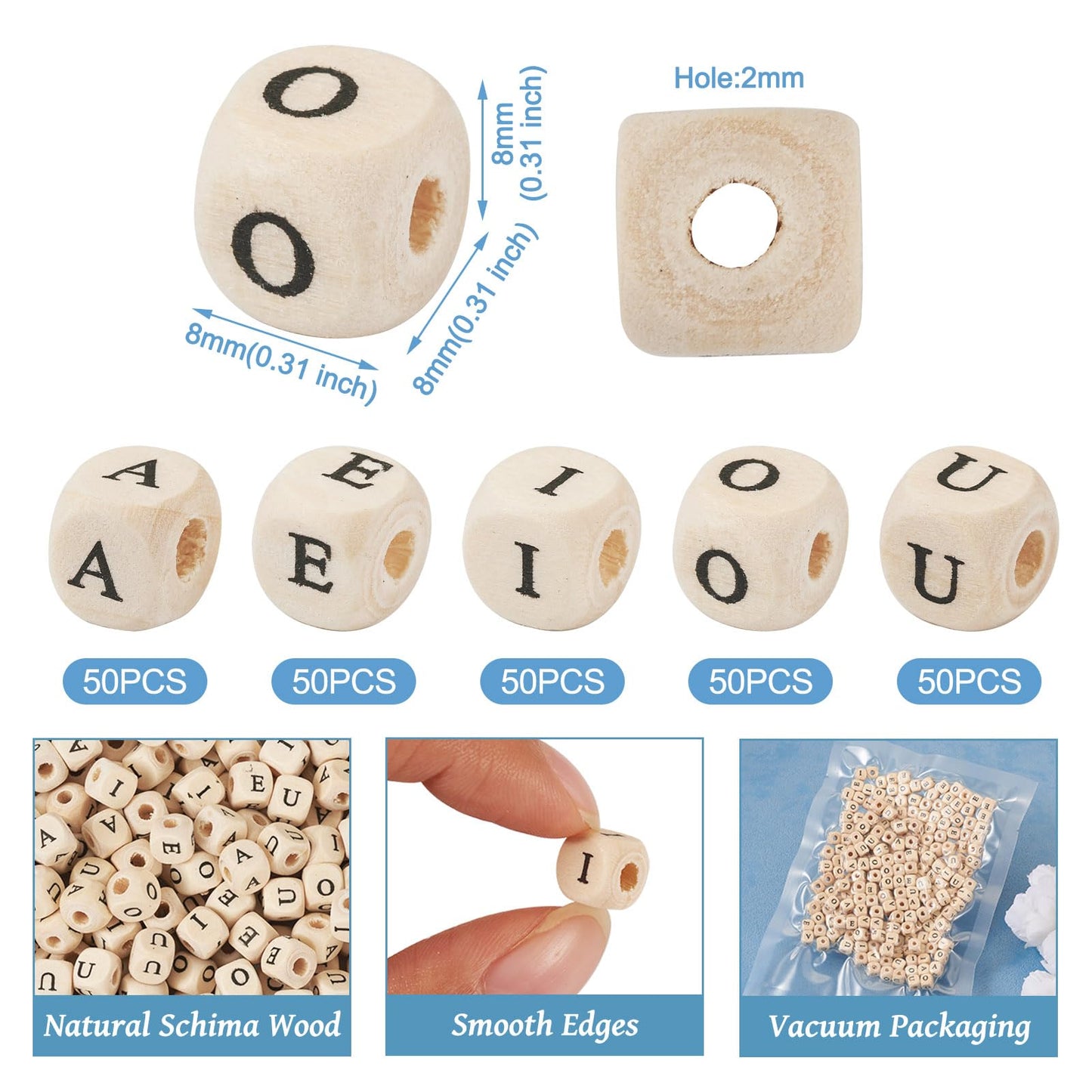 Spritewelry 250Pcs 8mm Wood Initial Letter Beads Cube Natural Wooden Square Bead A E I O U Craft Letter Loose Spacer Beads for Bracelet Necklace Earring Phone Decor Making