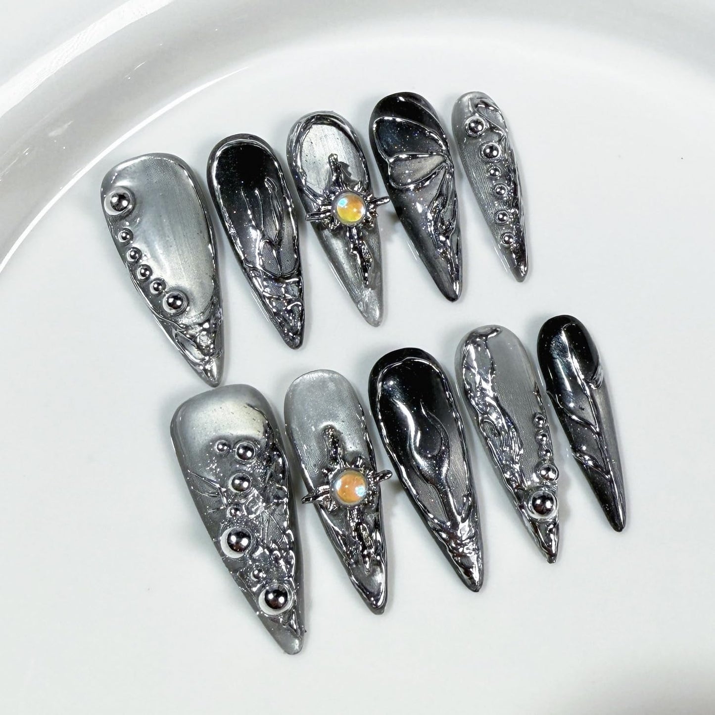 Luxury Press on Nails Long Almond Handmade 3D Unique Reusable ABS Material Fake French Tip Gothic False Nails with Designs Silver Curve Line Black&Gray Glue on Nails Thick Acrylic Nails(M)