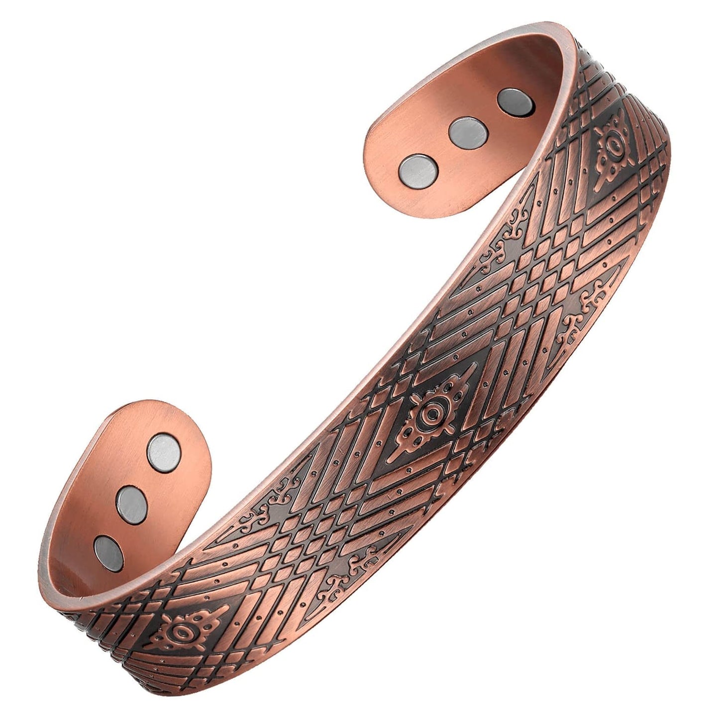 Earth Therapy Bronze Diamond Pattern Magnetic Copper Cuff Bracelet for Men & Women - Adjustable - Ultra Strength