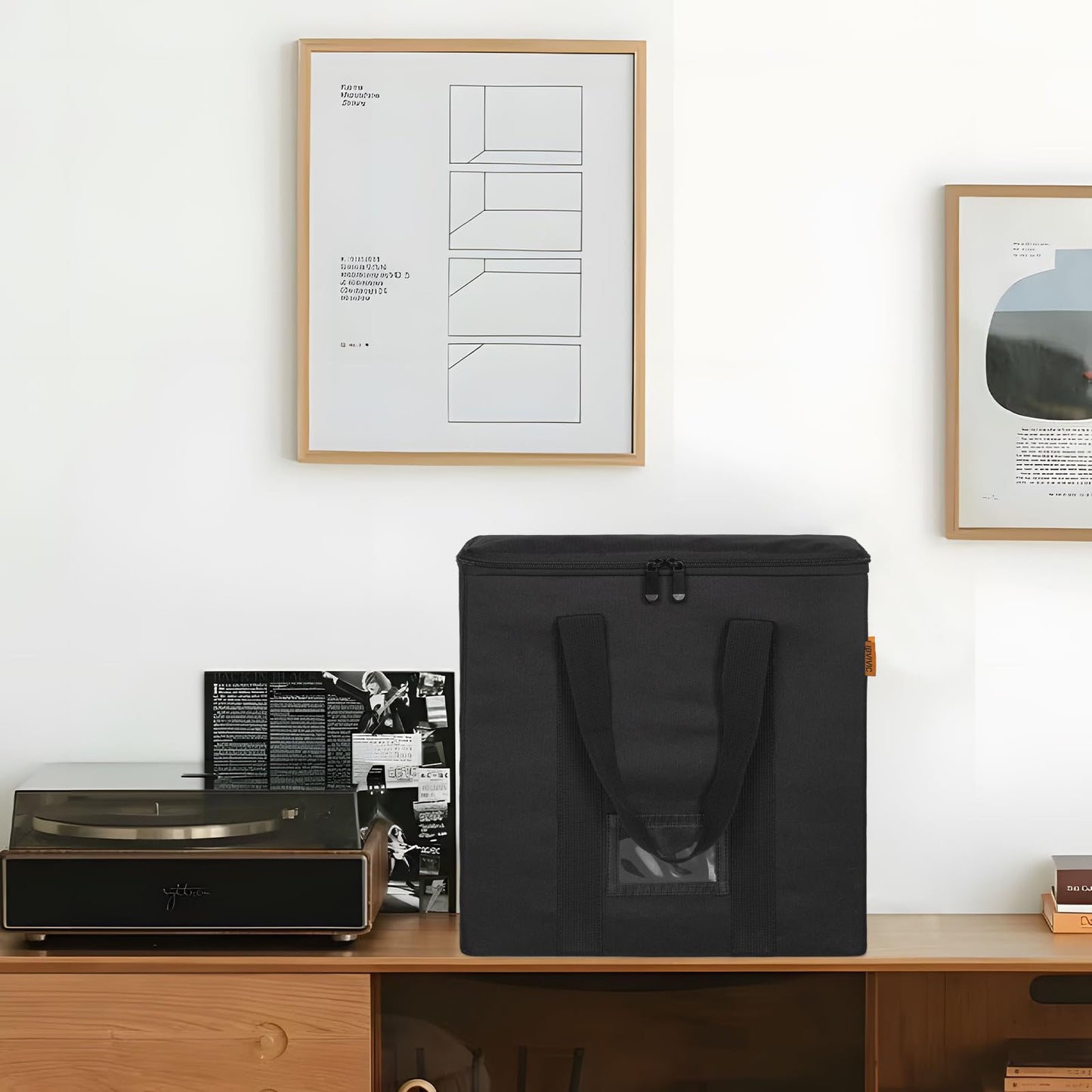 IBVIVIC Vinyl Record Storage Box with Lids and Handle Vinyl Album Storage Case Bag for 7/10/12 inch LP, Collapsible Crate Holds up 50+ Single Record (Black)