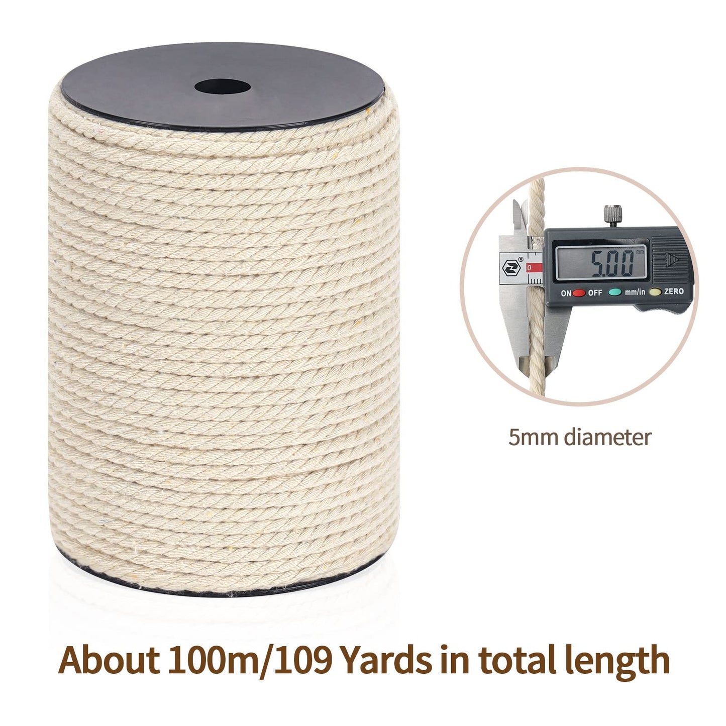Macrame Cord 5mm x 109Yards（328Feet, Natural Cotton Macrame Rope - 3 Strands Twisted Macrame Cotton Cord for Wall Hanging, Plant Hangers, Crafts, Gift Wrapping and Wedding Decorations
