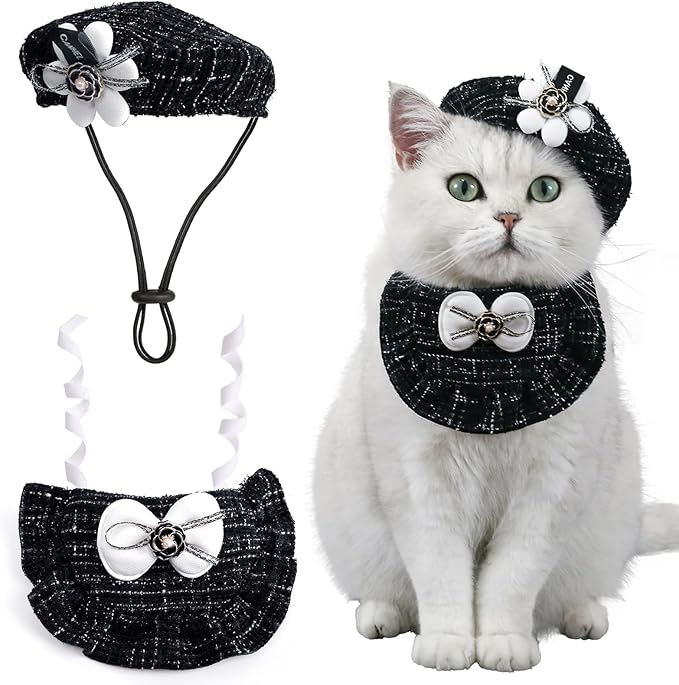 HOWWFALY Adorable Cat Princess Costume Blue Cat Beret with Little Heart & Lace Rabbit Bib Scarf Set, Adjustable Pet Costume for Halloween Christmas Birthday Parties