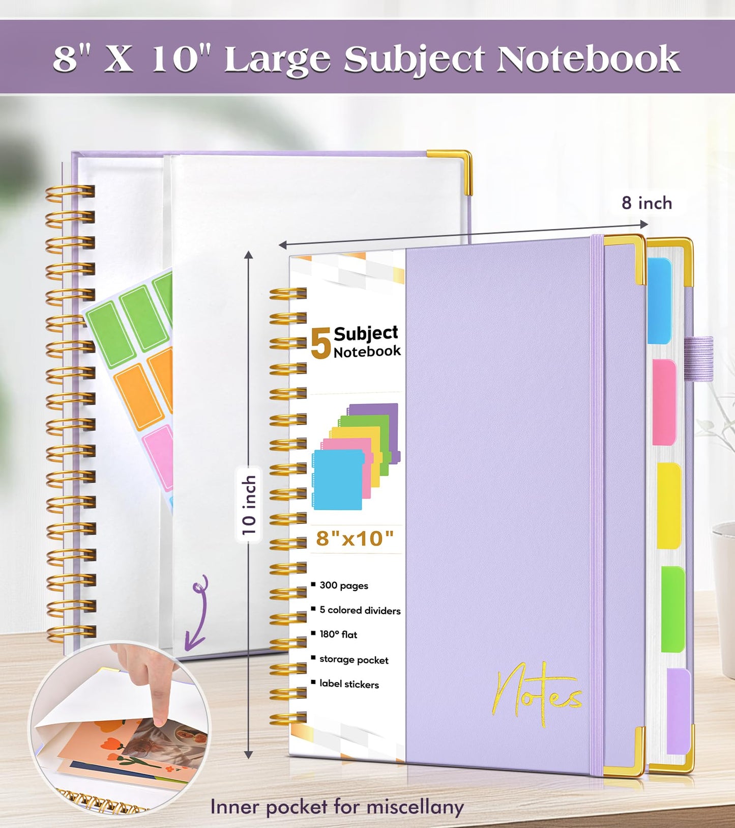 Spiral Notebook Journal with Removable Dividers Tabs, 300 Pages Hardcover Leather 5 Subject College Ruled Notebook, 8"x10" Large B5 Lined Journal for Women Men, Spiral Notebooks for Work School,Purple
