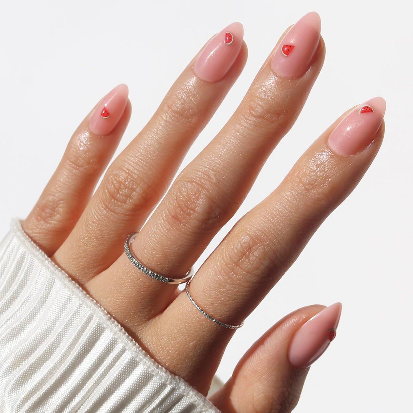 Glamnetic Press On Nails - Short Almond Fake Nails, Glossy Sheer Pink Nails with 3D Watermelon Design, Juicy Slice | 15 Sizes - 30 Nail Kit with Glue