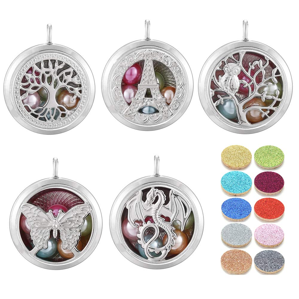 Vie jeune 5pcs Mixed Pearl Cage Floating Pendant Aroma Diffuser Charms Stainless Steel Tone Perfume Essential Oil Diffuser Necklace Pendant Locket Jewelry (Style 1)