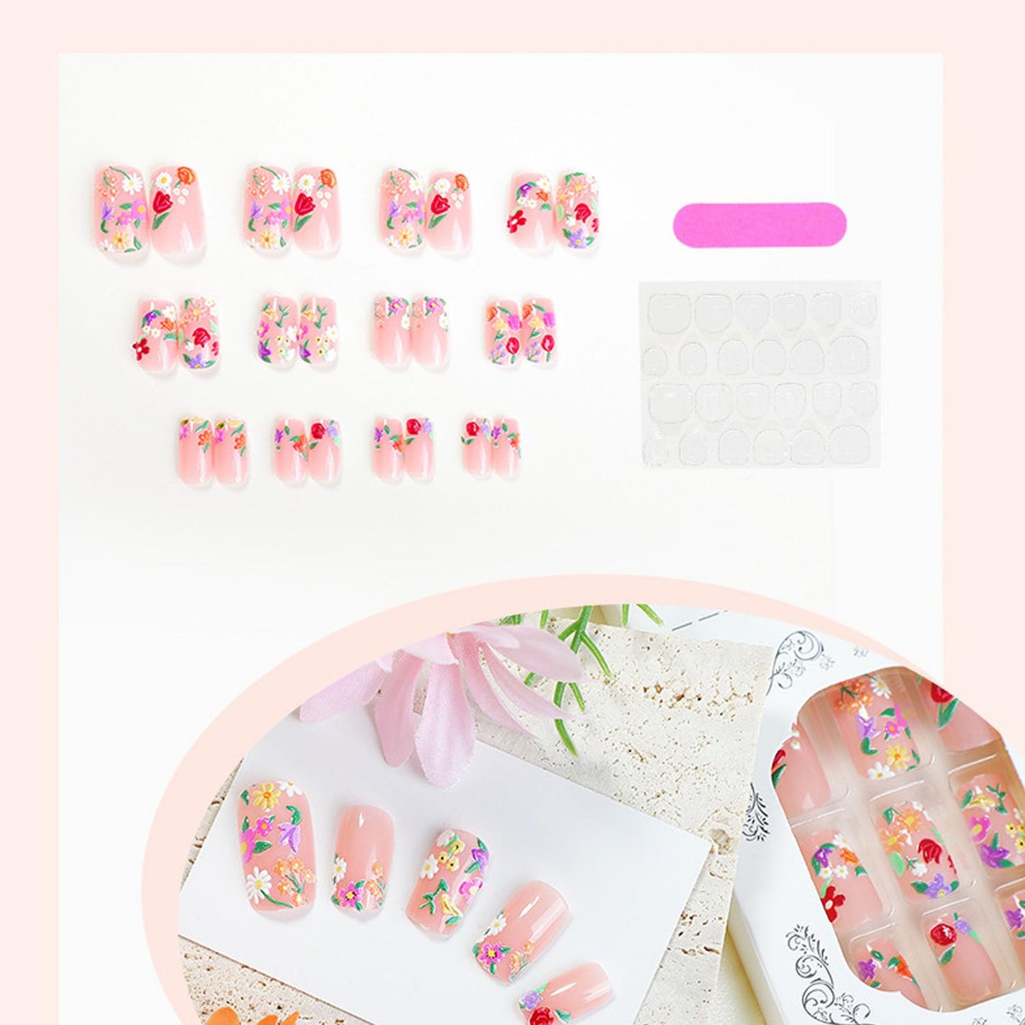 Short Press on Nails Flowers Fake Nails Square Glue on Nails Rose & Daisy Acrylic Nails Spring Artificial False Nails Glossy Stick on Cute Nails for Women 24 Pcs