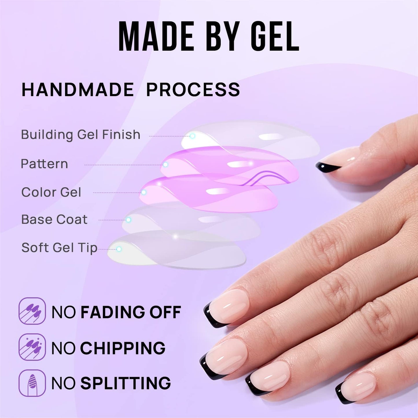 French Tip Press On Nails - BTArtbox Jelly Square Fake Nails with Nail Glue, Reusable Semi-Transparent Stick On Nails in 16 Sizes - 32PCS Soft Gel Glue On Nails Kit, Classic Black