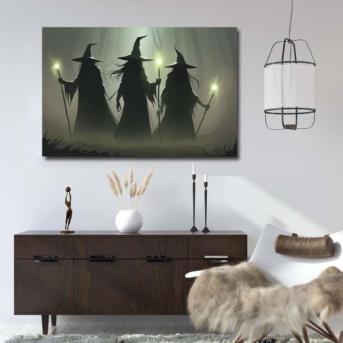 Vintage 3 witches canvas wall decor melancholy dark Halloween poster wall decor holding a staff print Gothic horror Halloween painting print for living room bedroom12x16in Wood Framed