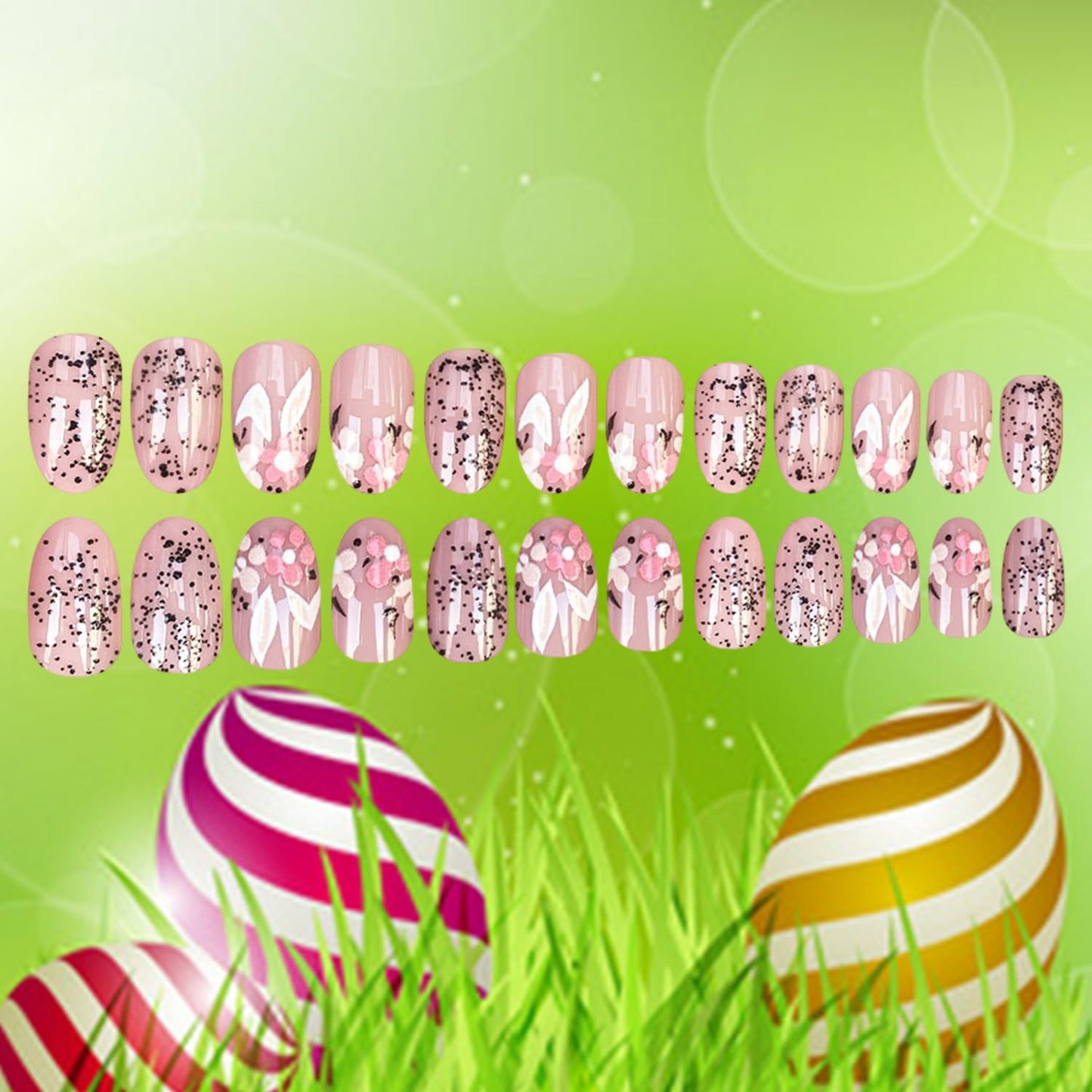 24Pcs Spring Pink Flowers Easter Press on Nails Short Oval Artificial Acrylic False Nails Floral Rabbit Design Full Cover Glossy Stick on Nail Artificial Fingernails for Women Festival Manicure