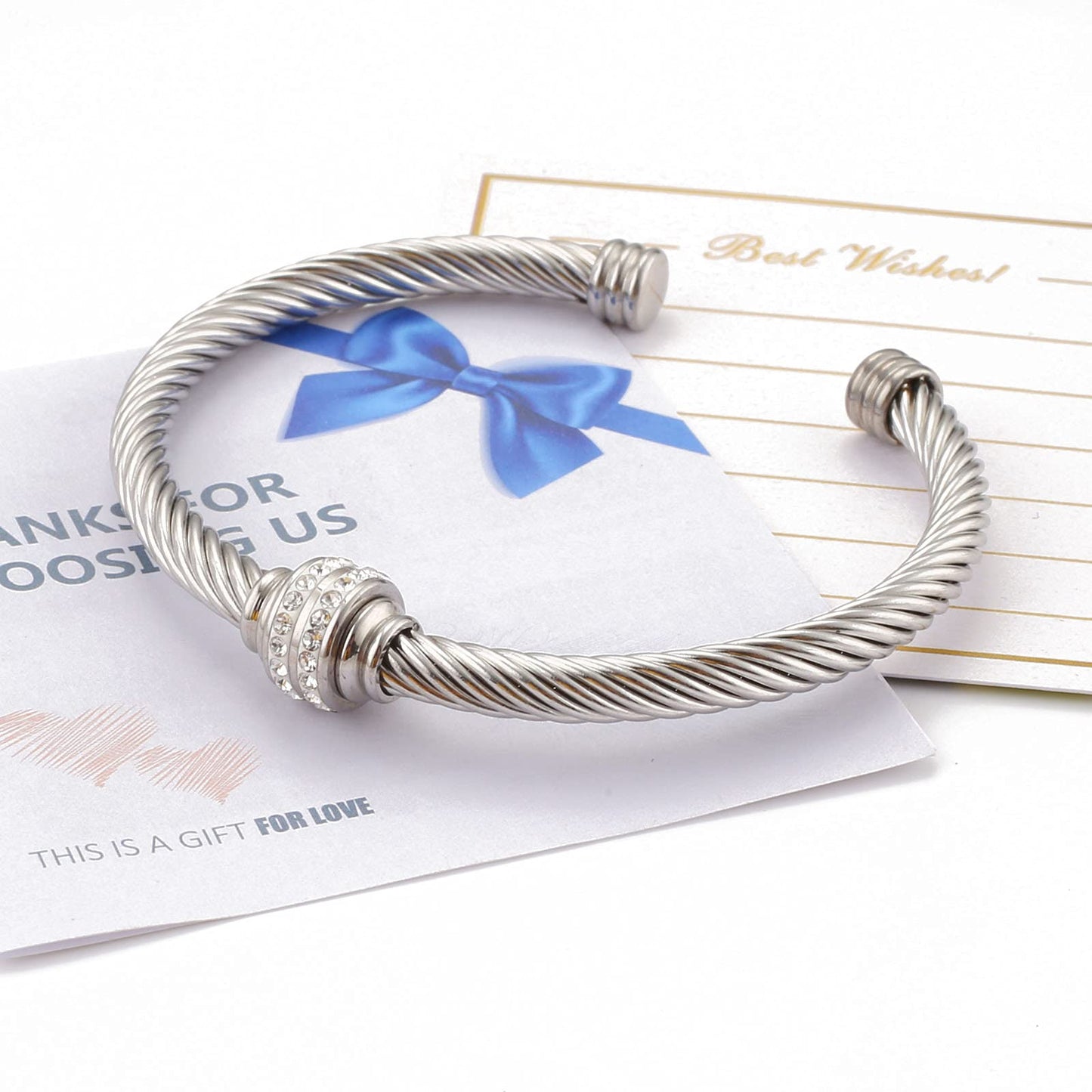 kaluoer Cable Two Tone Stainless Steel Retro Twisted Wire Bangle Bracelet, Adjustable Cuff Bangle Bracelet, Suitable, Mother, Wife, Valentine's Day (Silvery)