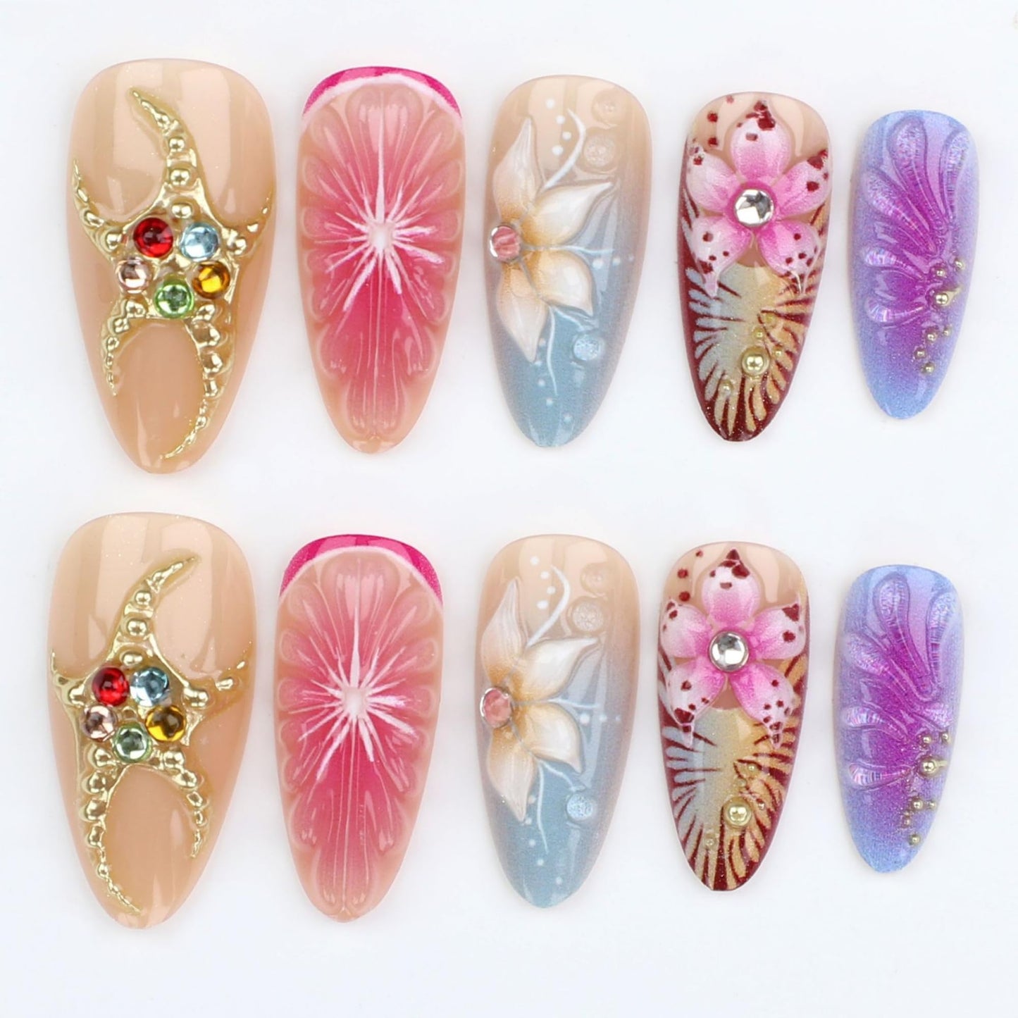 Long Press on Nails Almond Ombre Flowers Stick on Nail for Women 24pcs