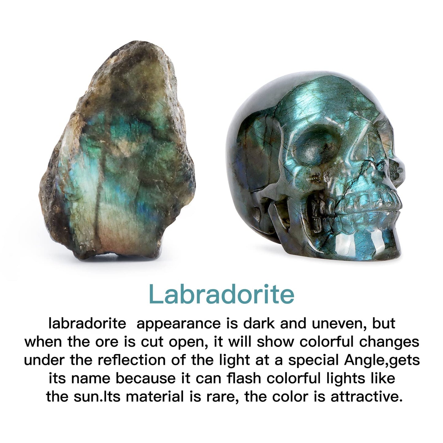 LEADGEM 3" Labradorite Crystal Skull Figurine Decor Healing Stones Carved Luminous Stone Skull Head Statue Sculpture Ornaments