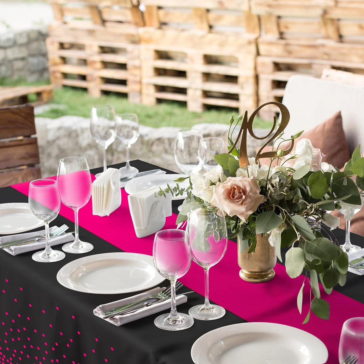 8Pack Disposable Plastic Party Tablecloths and Satin Table Runner Set Black Hot Pink Dot Table Cloth Hot Pink Satin Table Runner for Wedding Birthday Baby Shower Anniversary Holiday Party Decorations
