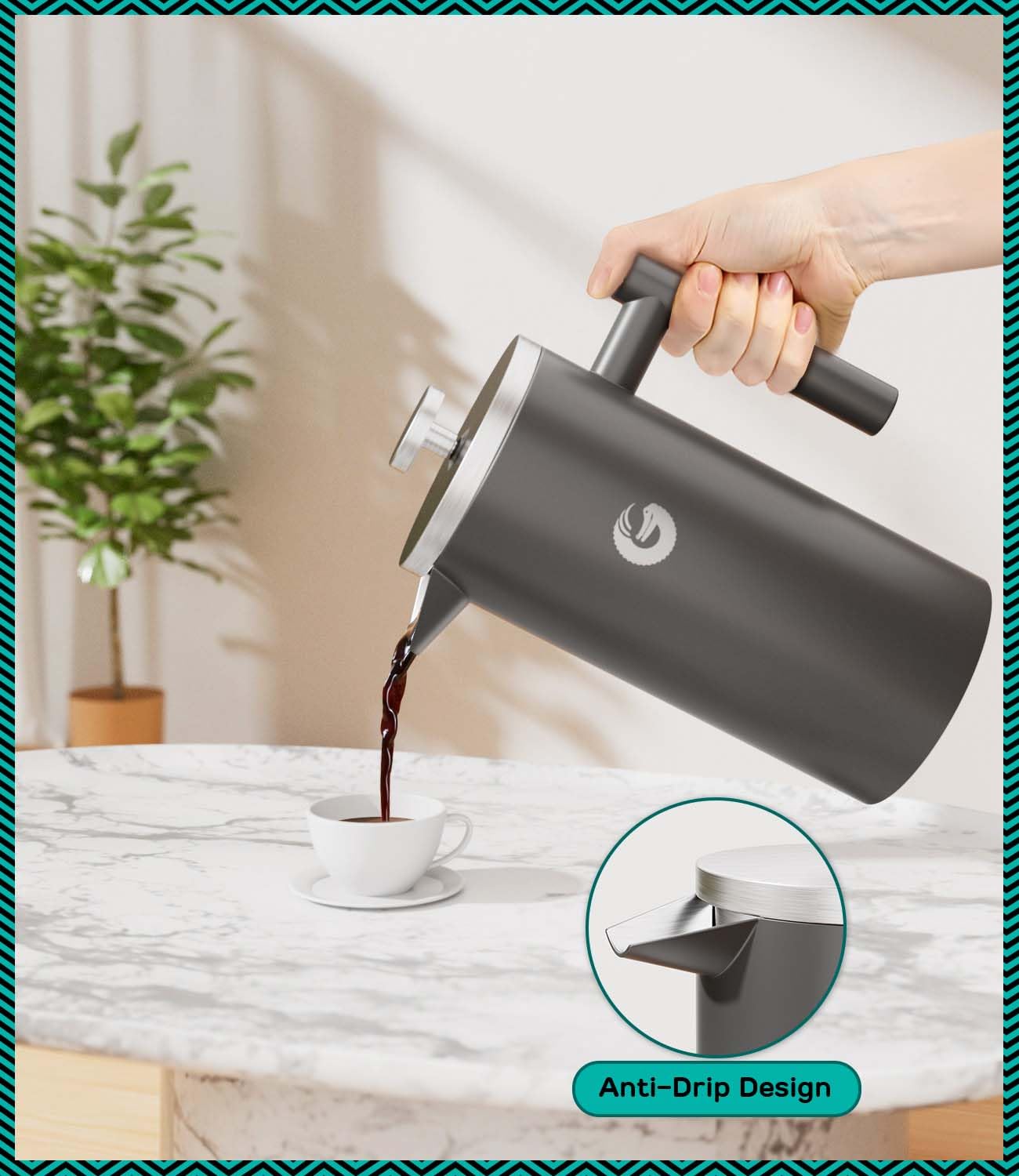 Coffee Gator 304 Grade Stainless Steel French Press Coffee Maker 34 oz, Double Wall Insulated Hot Cold Brew Teapot with 4-Level Filtration System, Include Travel Jar Canister, Kitchen, Gray
