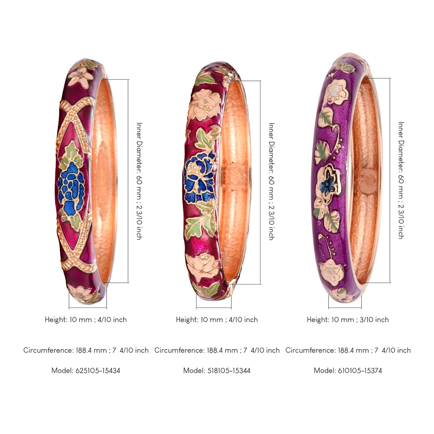 UJOY Womens Multi-Colors Cloisonne Bracelet Gold Plated Flower Enameled Hinged Cuff Bangles Jewelry Gift 55A-3PCS Purple