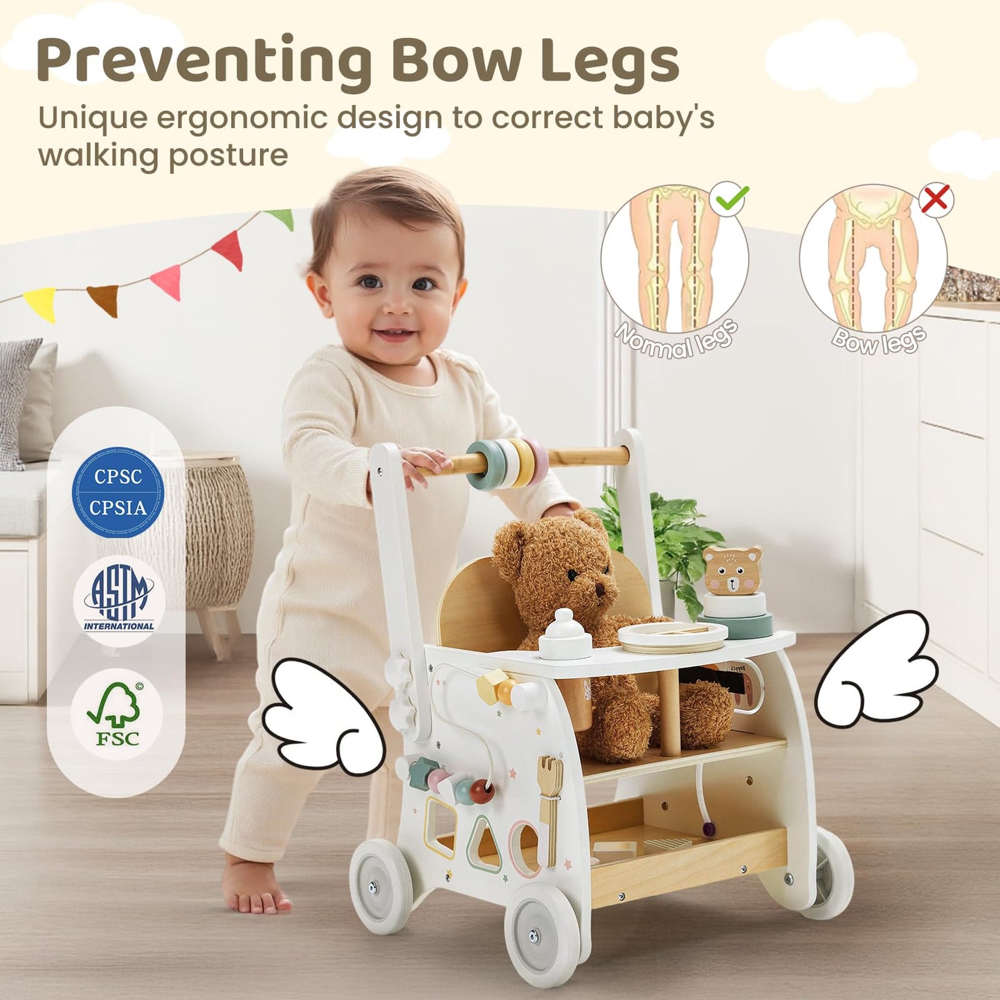 labebe Wooden Baby Walker, Baby Push Walker Doll Stroller, Push Activity Walker for Kids 18M+, Adjustable Speed Learning Walking with Wheels, Birthday Gift for Girls Boys Ages 1-3