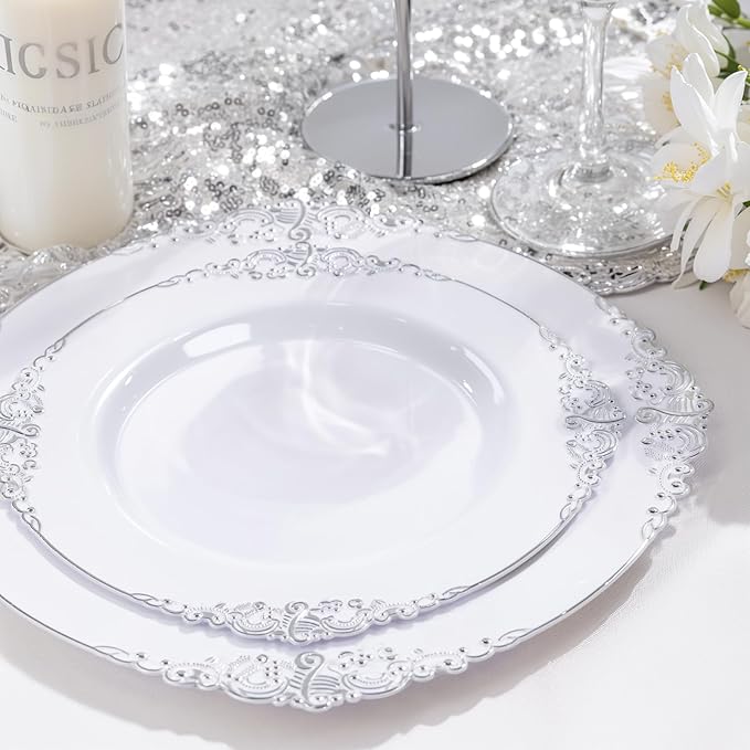Nervure 100Pcs White and Silver Plastic Plates - 7.5 inch White Plastic Plates with Silver Rim - Disposable Dessert Plate for Wedding & Party