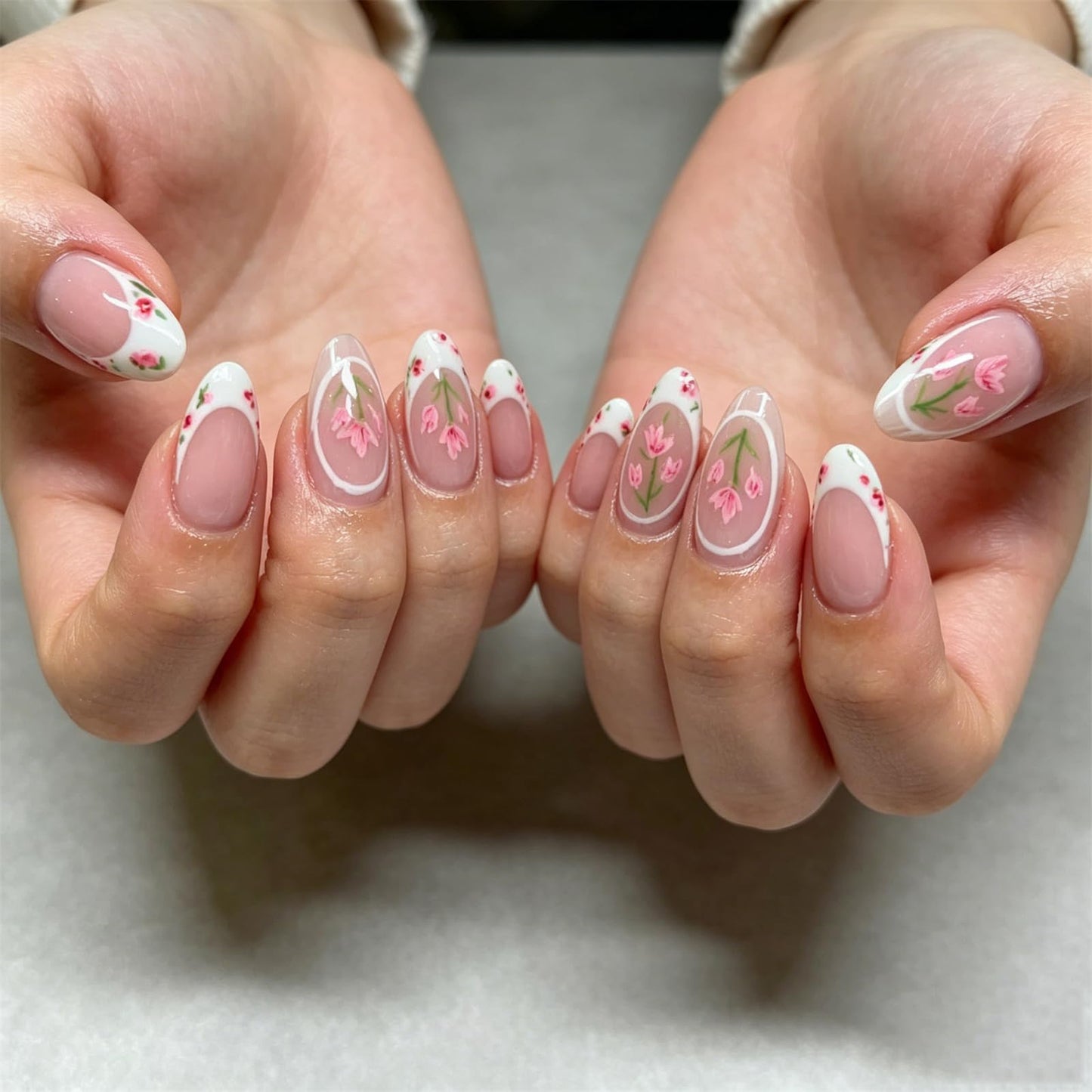 Press On Nails, French Tip Short Pointed Almond Fake Nails with UV Finish, 12 Sizes Quality False Nails, 24Pcs Reusable Press-On Manicure Set with Nail Glue for Women Pattern #01