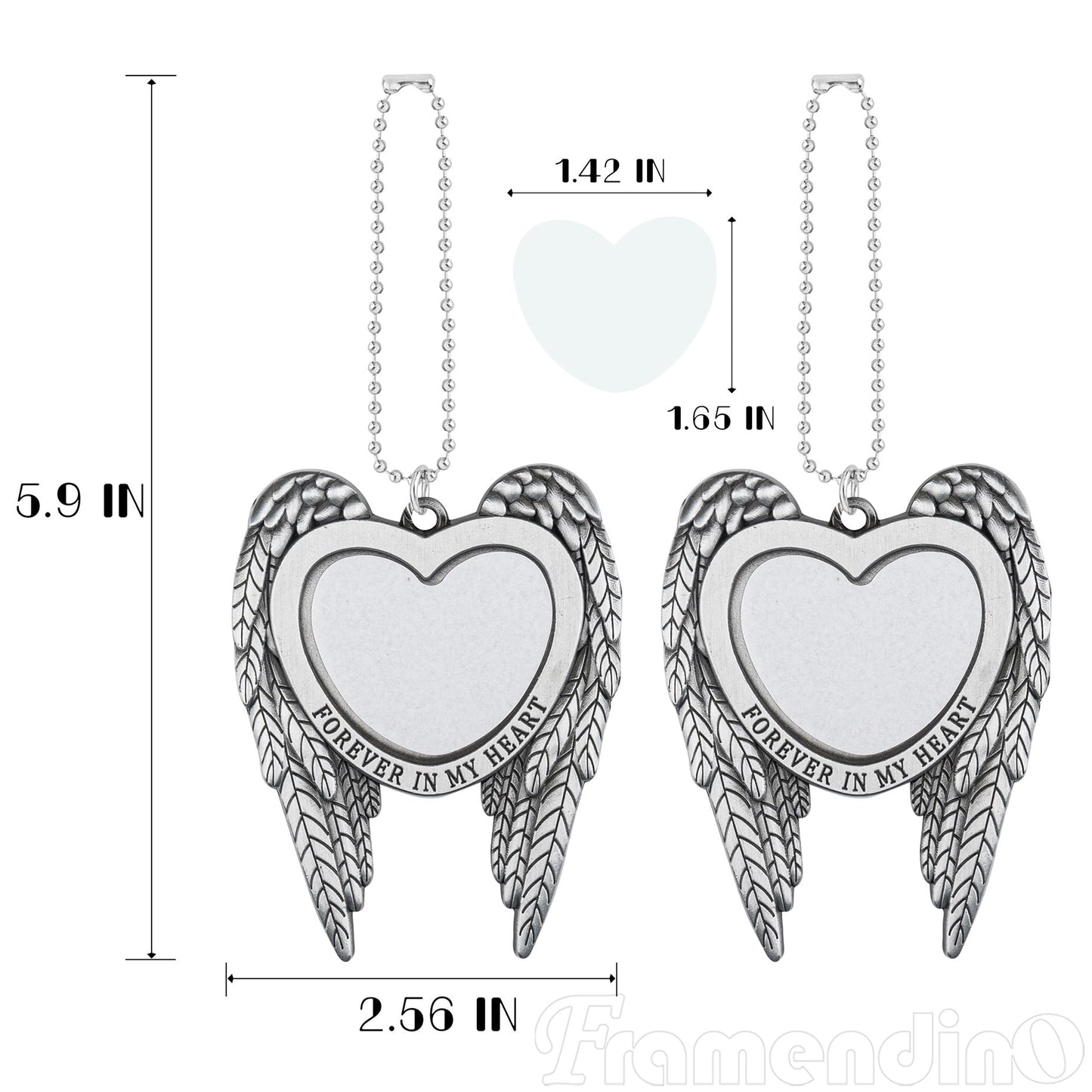 Framendino, 4 Pack Silver Angel Wing Pendant Love Heart Personalized Car Hanging Ornament with Sublimation Blank Heat Transfer Photo for Home Window