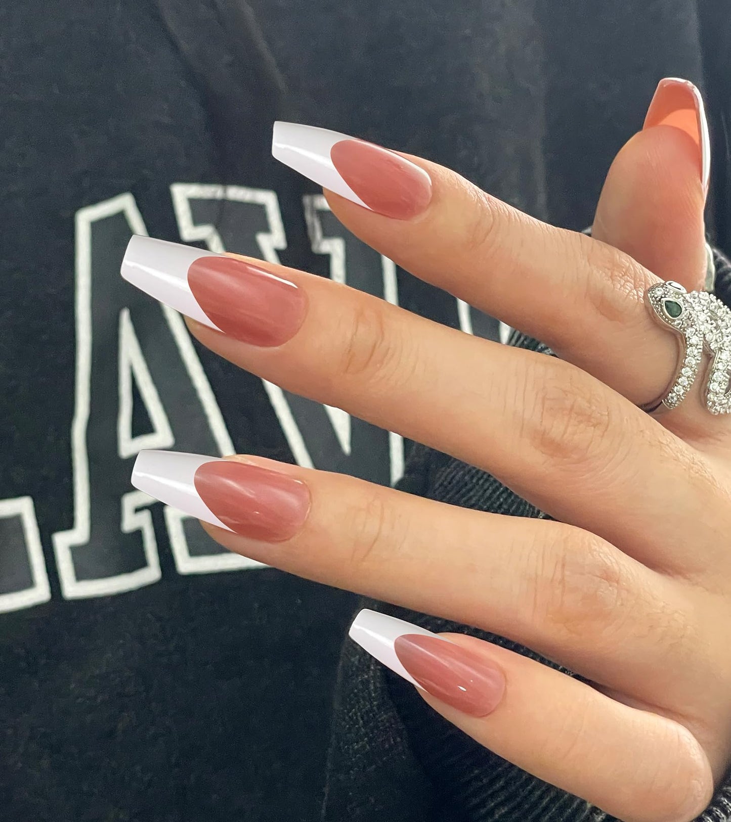Morily Pink White French Tip Press on Nails - 30Pcs Thicker Fake Nails with Design, Full Cover Long Coffin False Nails Reusable Acrylic Stick on Nails in 15 Sizes, Include Glass File