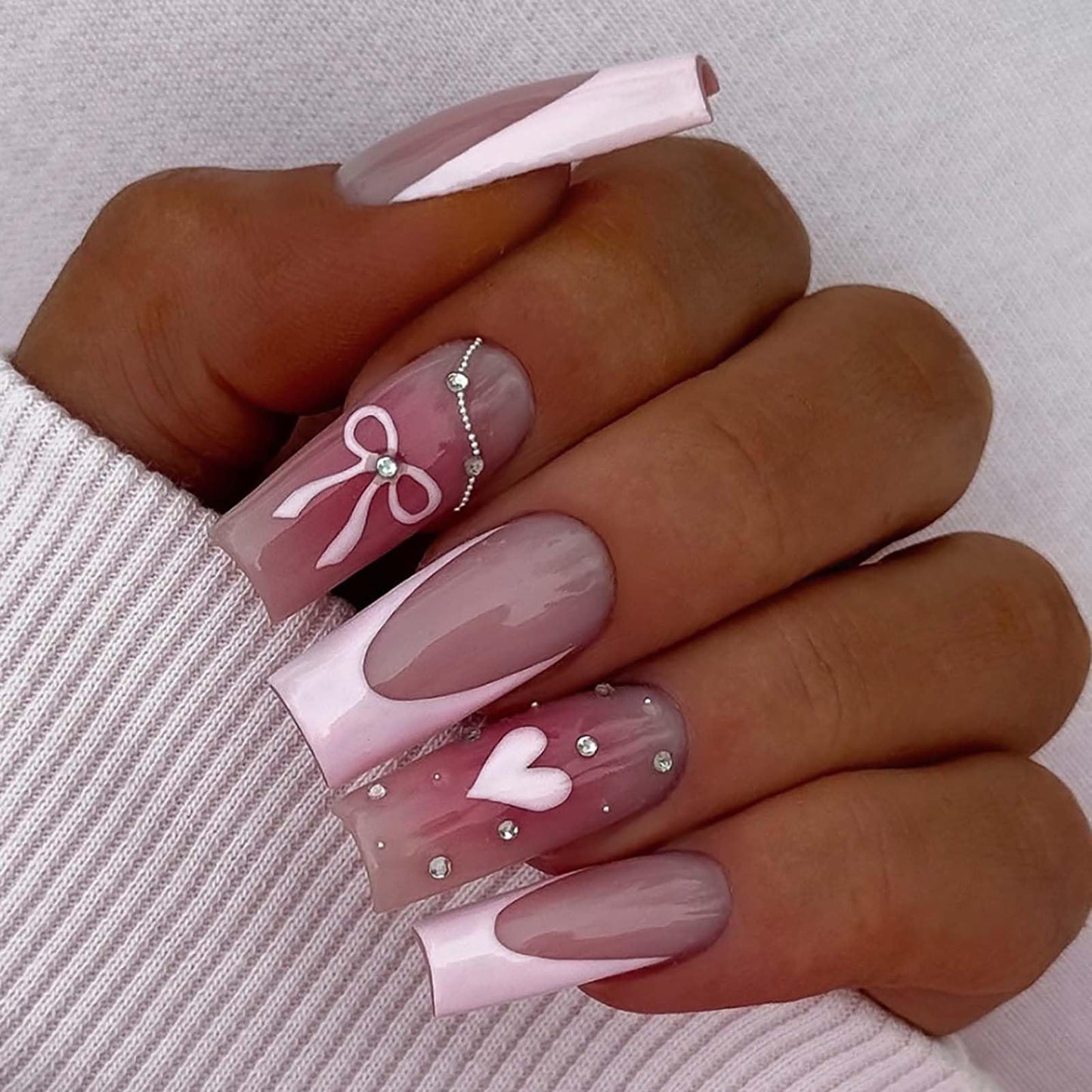 24Pcs French Tip Press on Nails Medium Square Fake Nails Heart Bow Design with Rhinestones Glue on Nails Valentines Glossy False Nails for Women Valentines Nail Decoration for Women Gift