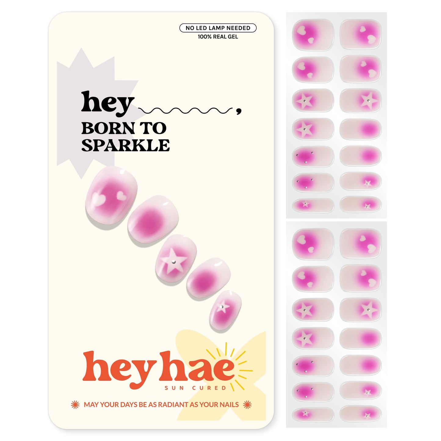 Heyhae Semi Cured Gel Nail Strips | No LED Lamp Needed | Pink, Valentines | Easy Apply & Remove, Salon Quality | Includes 28 Strips, 1 Prep Pads, Nail File & Wooden Stick - Hey, Born to Sparkle