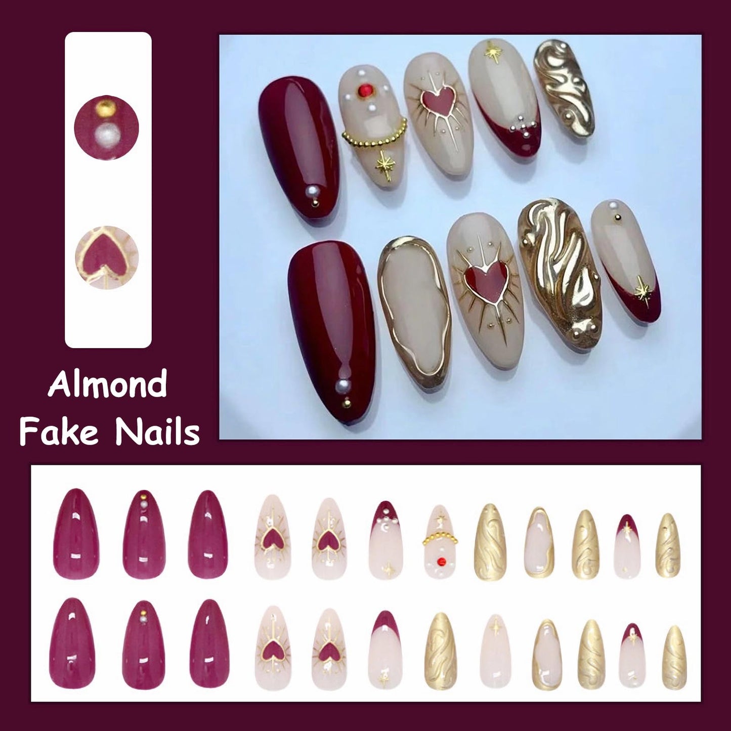 MISUD Press on Nails - Medium Almond Fake Nails with Purple French Tip, Acrylic Gold Chrome Design 24 pcs