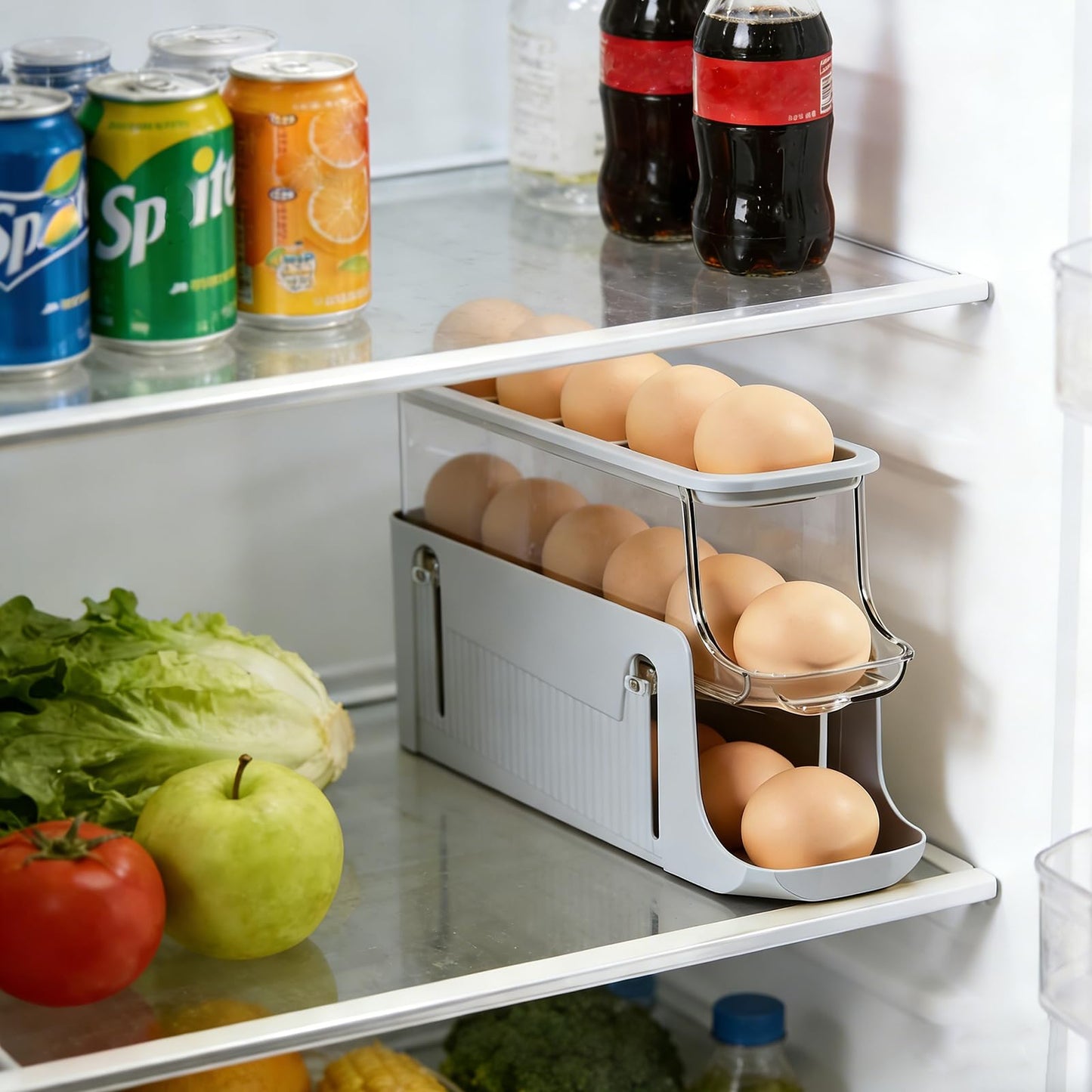 Printe Egg Holder for Fridge, Rolling Egg Holder for Refrigerator, Automatic Egg Dispenser Organizer, Egg Storage Container Rack for Refrigerator Countertop, Space Saving Fridge Organizer （Grey）