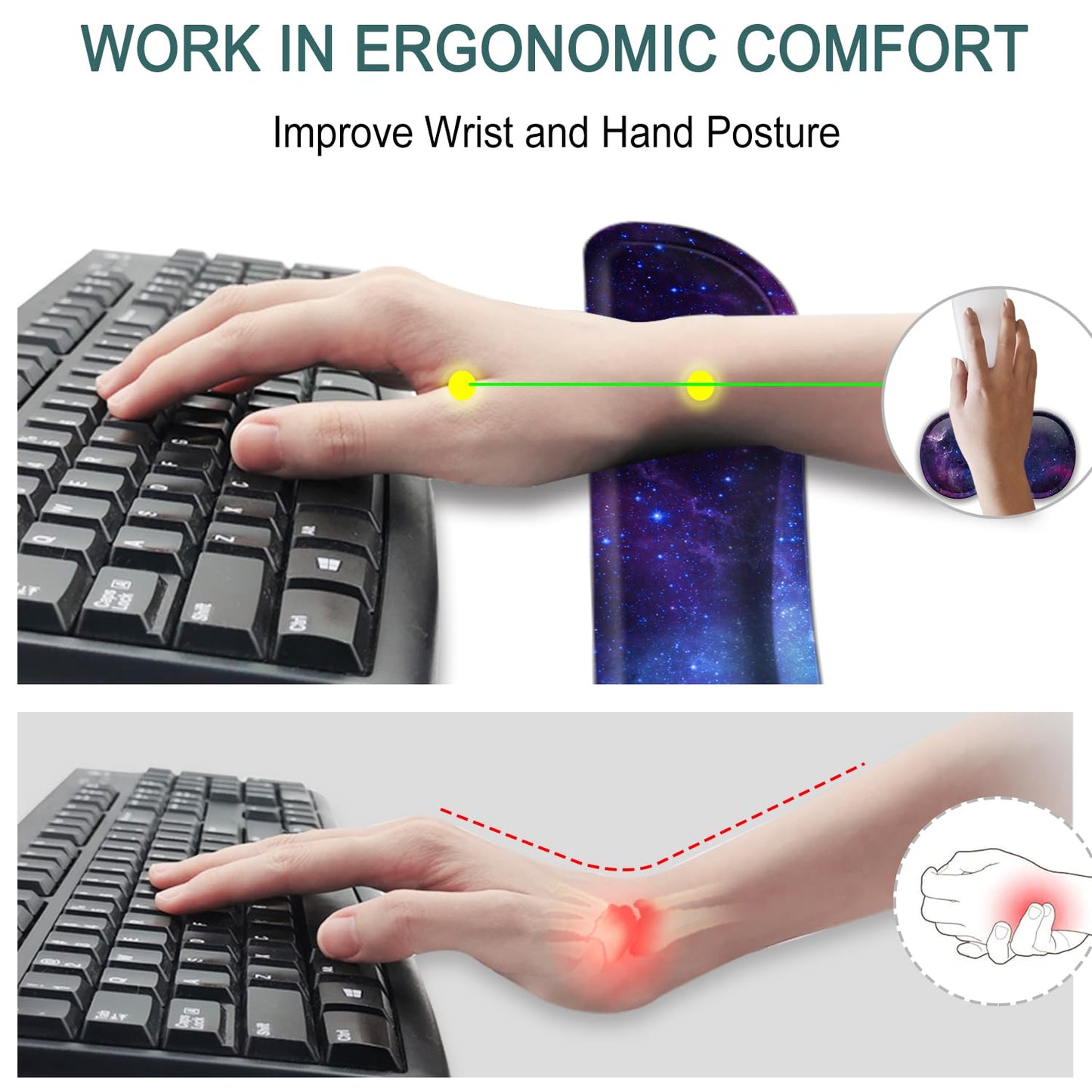 Keyboard Wrist Rest Support + Mouse Pad + Mouse Wrist Rest + Coaster, 4 PCS Set Ergonomic Memory Foam Mousepad with Durable Anti-Slip Rubber Base for Office, Home & Easy Typing Pain Relief, Galaxy