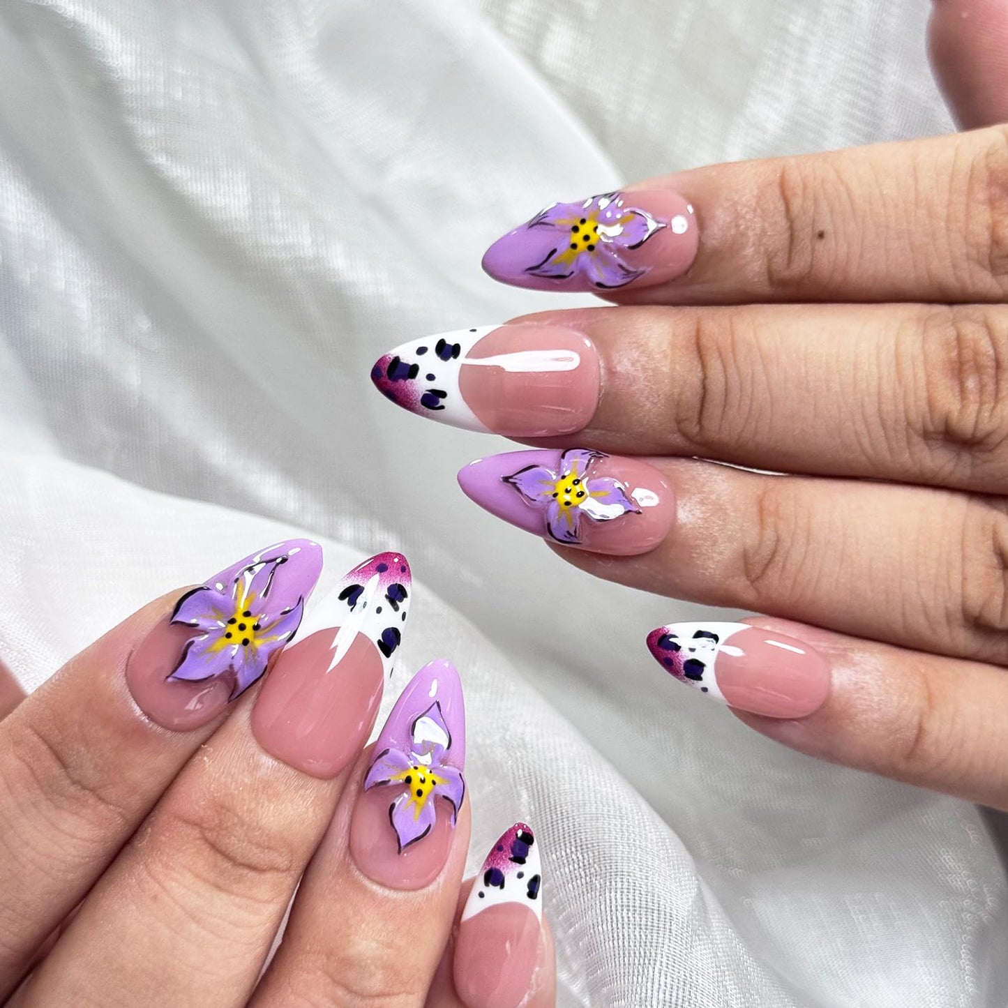 Luxury Handmade Press On Nails, Purple French Medium Almond with 3D Flowers, Winter & Autumn Gradient False Nails,Reusable Multi-Layer Post-Gel Acrylic Nails for Women .(M SIZE 10pcs)