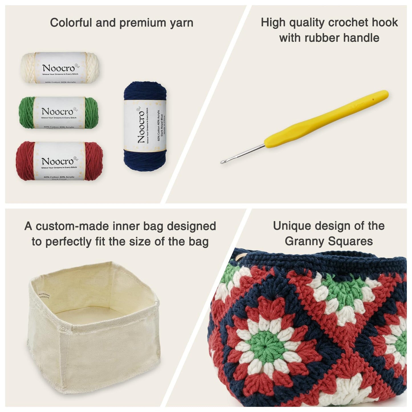 Noocro Crochet Kit Granny Square Shumai Bag, Purse, Complete DIY Kit, Detailed Instructions, Video Tutorials, for Beginners or Intermediate and Advanced Crocheters (Roma Rose)