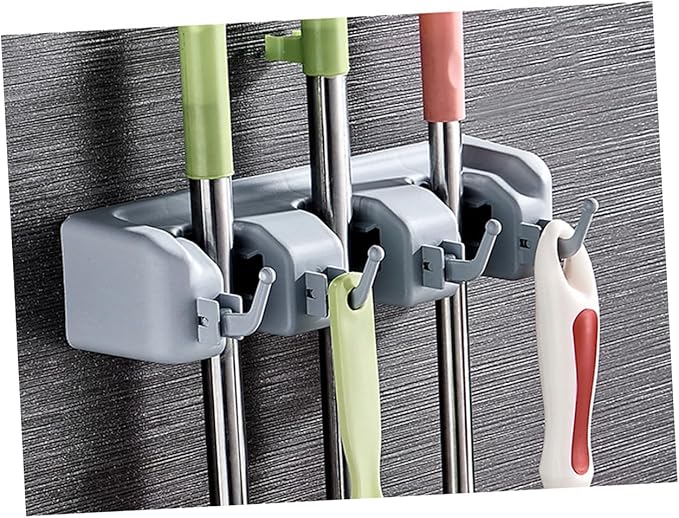 Mop Holder Wall Mount Broom Gripper Buckles Plastic Mop Stand Hook for Home and Kitchen Organization Grey