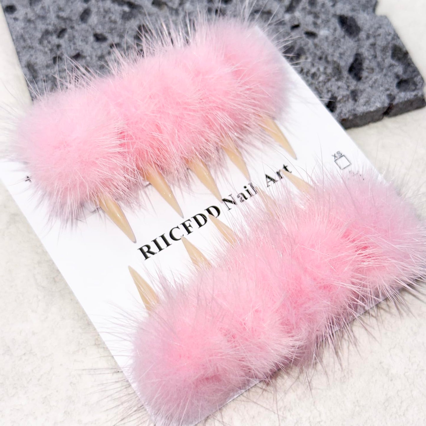 10 Pcs Luxury Press on Nails Medium Curved Stiletto Handmade Cat Claw Reusable Nails Press Ons Unique with Pink Furry Fur Designs Cat Claw Fake Nails Glossy Thick Acrylic Glue on Nail (S)